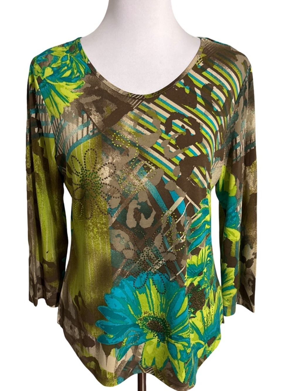 Multiples Green, Teal & Brown Floral Crewneck Top
